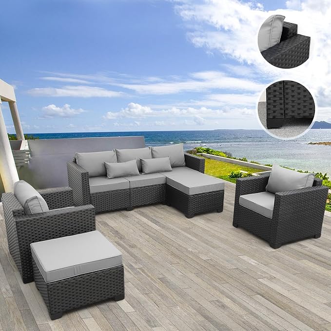 Rattaner Outdoor Wicker Furniture Couch Set 5 Pieces Patio Furniture Sectional Sofa with Grey No-Slip Cushions and Waterproof Covers