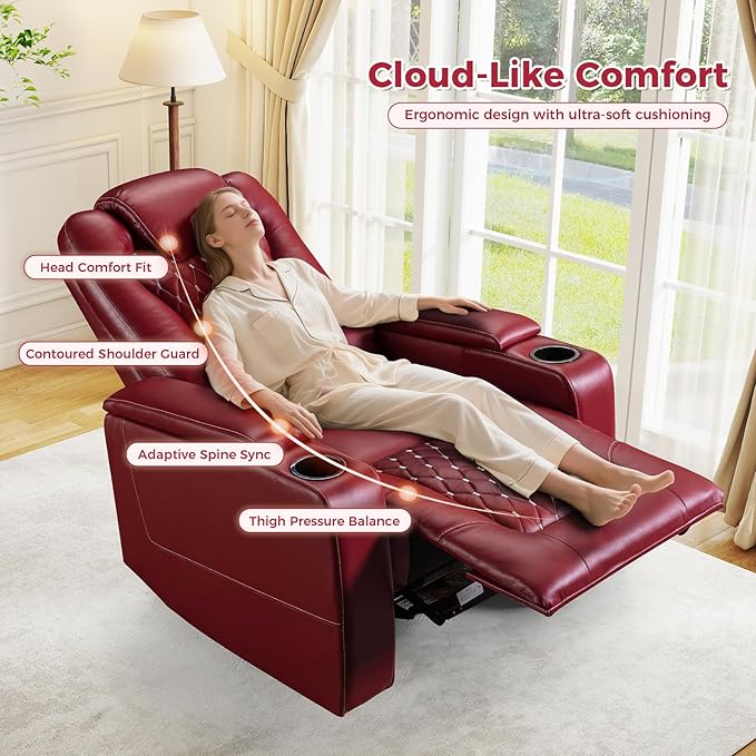 ANJ Power Recliner Chair Set of 3, Electric Soft Leather Reclining Home Theater Seating - USB Ports, Cup Holders, Hidden Arm Storage Movie & Media Room Chairs (Red)