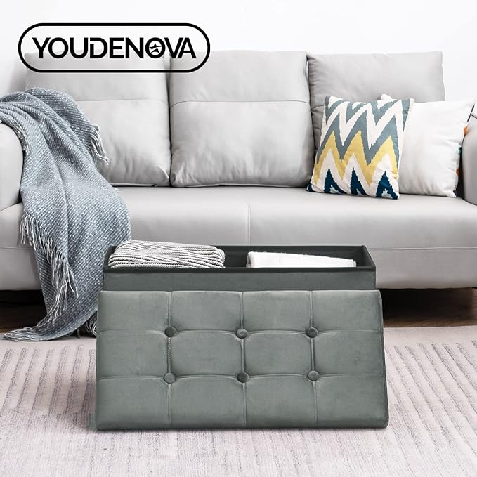 30 Inches Folding Storage Ottoman Bench, Velvet Storage Chest, Footrest Couch with Wooden Legs, Support 350lbs for Bedroom, Living Room, Hallway, Grey