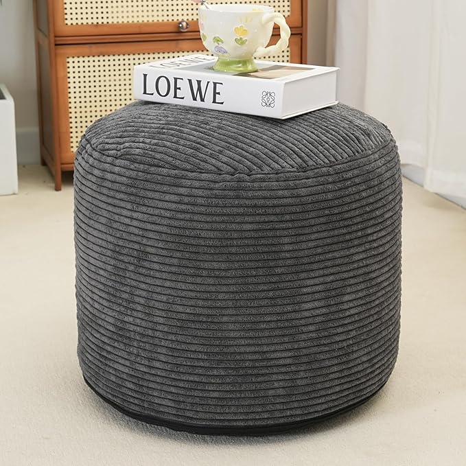 Yueyocici Pouf Ottoman Stuffed Round Modern Foam Filled Foot Rest Corduroy Poufs for Living Room Chair Decorative 20 X 15 Inches Fluffy Pouf Foot Stool Storage Ottoman, Dark Grey