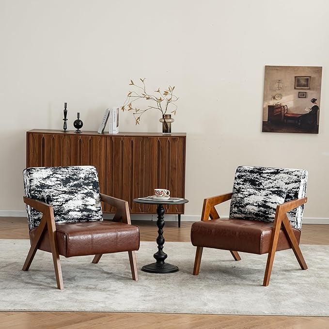 Mid-Century Modern Accent Chair Set of 2 with Solid Wood Frame，Upholstered Leather Living Room Arm Chairs with Pillow for Bedroom, Living Room, Balcony, Reading Room, Brown