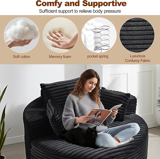 55'' Oversized Round Boneless Chaise Lounge Chair Indoor, Upholstered Corduroy Deep Seat Cloud Large Circle Sofa Couches Bed Corduroy Modern Floor No Assembly Sleeper Bed for Living Room, Bedroom
