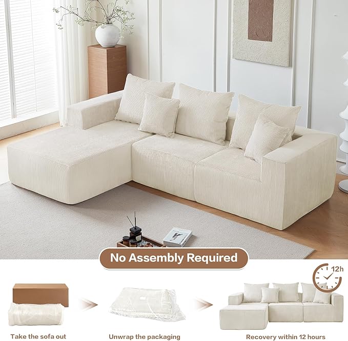101" Cloud Couch for Bedroom,Boneless Couch with Oversized Chaise,4-Seat Chenille Deep Seat Sofa with 5-Pillows for Living Room,Corduroy Sofa in A Box,Beige