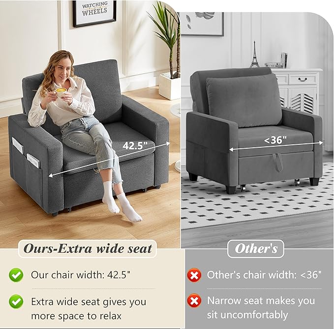 WEUP 42.5" Sleeper Sofa Chair Bed, 3-in-1 Convertible Sleeper Chair with Pull Out Bed, Adjustable Reclining Backrest, Side Pockets, Basic Dark Grey