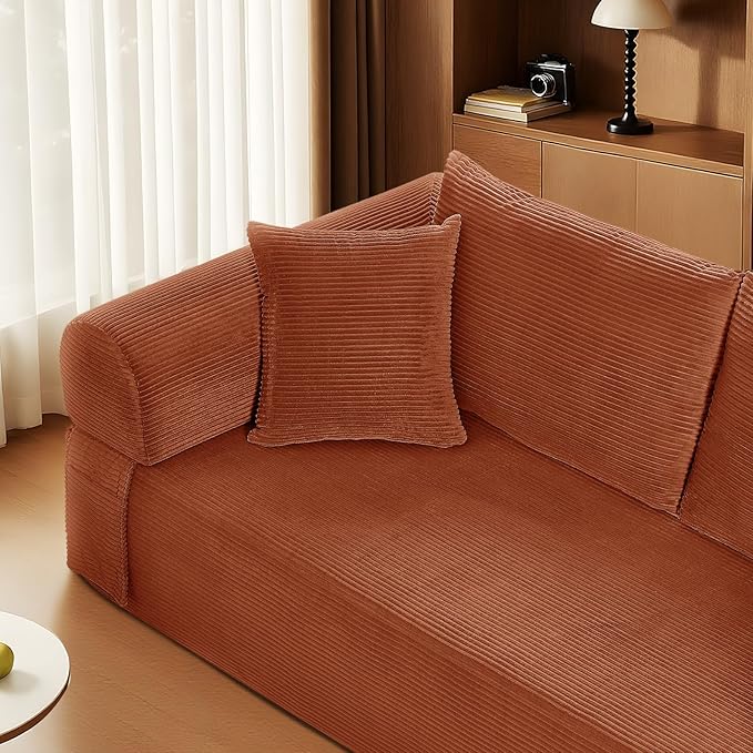 83" Sofa in a Box, 3 Seater Couch No Assembly Boneless Sofa Bed with Cushion Back 2 Matching Pillows Deep Seat Corduroy Fabric Side Storage Pockets for Living Room, Bedroom, Apartment, Office, Orange
