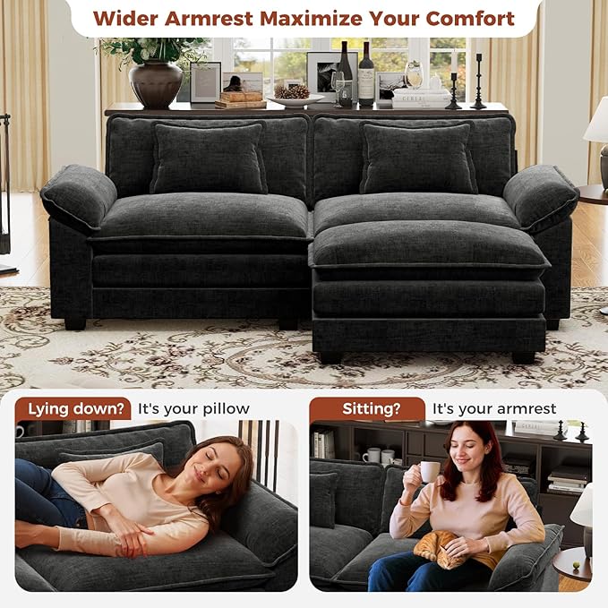 CDCASA 86" Modular Sectional Sofa, Comfy L-Shaped Cloud Couch with Movable Ottoman, 3-Seater Chenille Deep Seat Modern Sofa Couch for Living Room, DIY Combination, Black