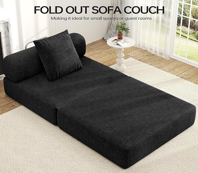 DURASPACE 39.2'' Folding Sofa Bed, Floor Foldable Futon with Memory Foam, Convertible Sleeper Chair with Back Support for Living Room (Chenille Black)