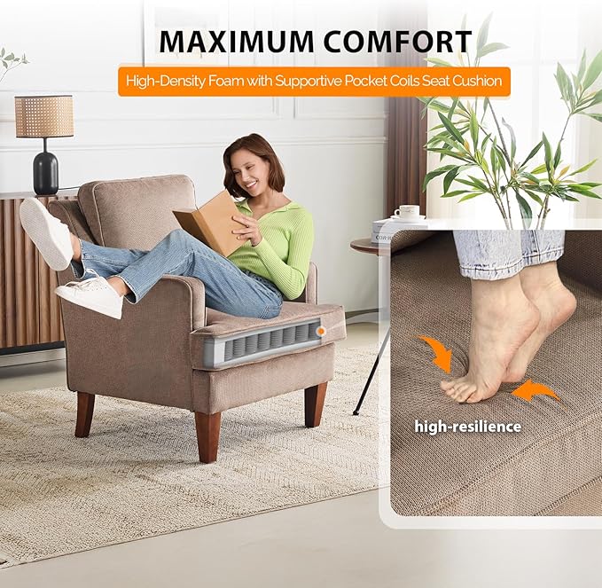 VINGLI Mid-Century Modern Accent Chair, Light Brown Upholstered Armchair Comfy Sofa Chair Reading Chair High Back for Living Room Bedroom Furniture Apartment