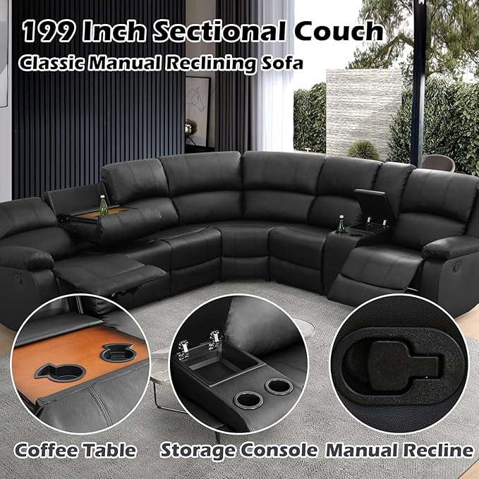 SIENWIEY Manual Leather Recliner Sectional Sofa for Living Room,L Shaped Reclining Sectional Corner Couch with Sofa,Black Recliner Sofa Set with Storage Console/Drop Down Coffee Table/Cup Holders
