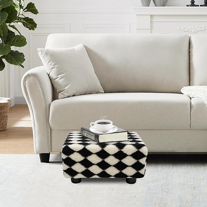 CAROLMADE Small Foot Stool Ottoman Sherpa Footstool with Legs Under Desk Footrest for Living Room Bedroom and Office, Soft Black+White