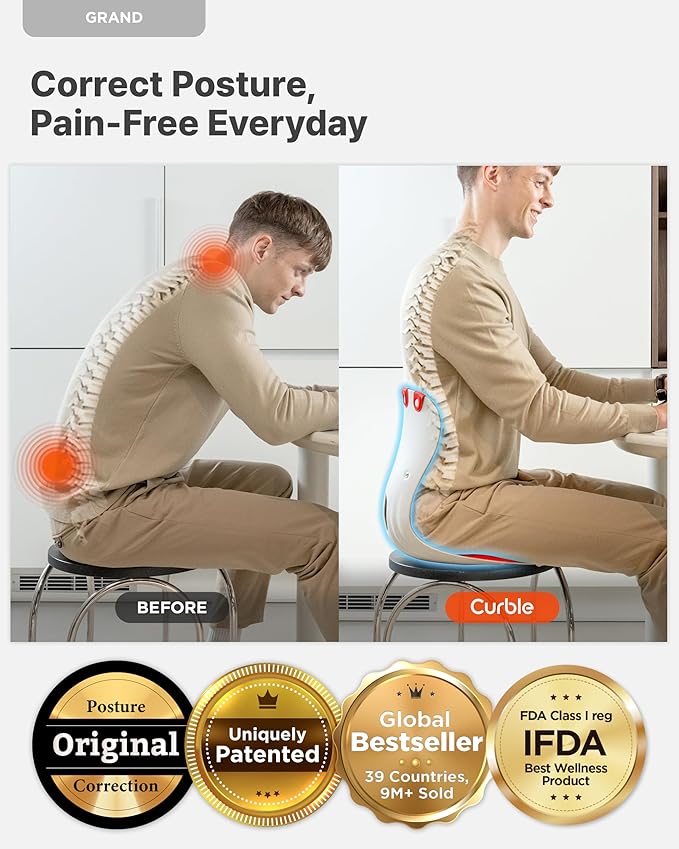curble Grand(Extra Wide & Sturdy) – Ergonomic Back and Lumbar Support for Good Posture Correction and Back Pain Relief, Perfect for Office, Floor Seat, and Work from Home, Patented (Red)