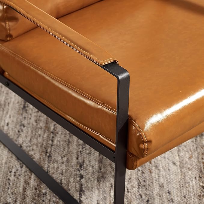 Zouron Mid Century Modern Accent Chair with Black Metal Frame, Upholstered Living Room Chairs with Pillow, Reading Armchair for Bedroom, Office, 1 Pcs, Brown PU