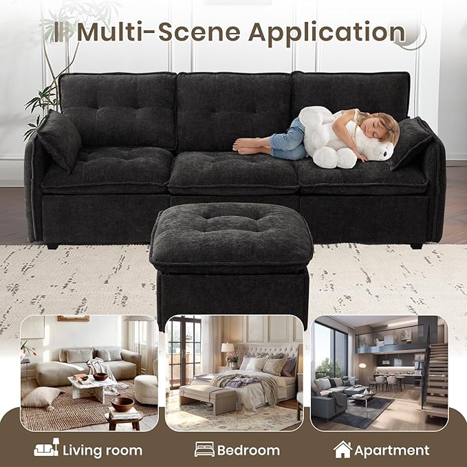 PALLOME 96" Modular L-Shaped Sofa - 3-Seat Cloud Couch with Movable Ottoman, Extra Deep Seat Sofa Couch with Throw Pillows for Living Room & Small Spaces (Black, 3-Seat + Ottoman)