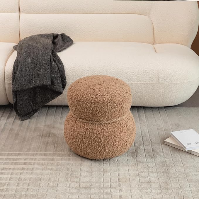 14.56" Snowman Shape Ottoman, Small Foot Stool, Cute Teddy Pouf Footrest, Foot Rest for Couch Sofa, Modern Soft Round Boucle Ottoman Under Desk for Living Room,Apartment,Small Space (Brown)