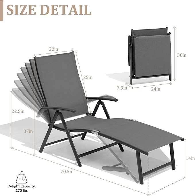 VredHom 4PCS Patio Chaise Lounge Outdoor Folding Adjustable Lounge Chair Recliner with 8 Adjustable Backrest Positions for Pool Beach Yard, Textliene and Brown Aluminum Frame