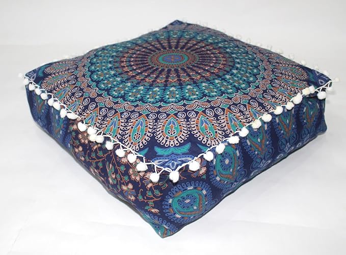 CRAFT KALA Blue Peacock Large Hippie Mandala Meditation Floor Ottoman Pillow Cushion Pouf Cover Square Poufs Bohemian Circle Floor Cushion Case Outdoor Fireplace Living Room Decor Cover 24" Square