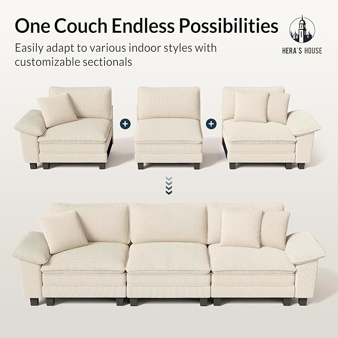 HERA'S HOUSE 88" Modular Sectional Sofa, Loveseat Couches for Living Room, Comfy Cloud Couch 2-Seater Deep Seat Sofa with Throw Pillow, Corduroy Beige