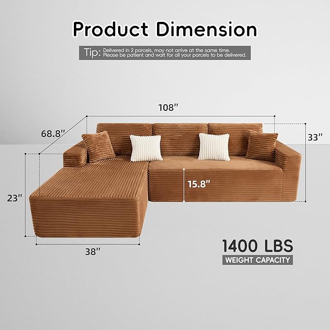 Opiesit 108" Boneless Couches for Living Room, Modular Sectional Sofa with Oversized Chaise, L-Shape Cloud Couch with Deep Seat, High-Density Memory Foam, No Assembly Required, Plush Corduroy Brown