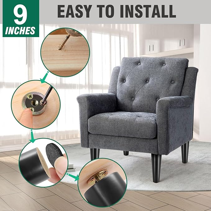 FoDau770 Black Rubber Wood Furniture Legs 9 Inches, Straight Tapered Wood Feet Mid Century Sofa Legs Set of 4, 5/16" UNC Furniture Feet for Cabinet Couch Dresser Chair Ottoman Table