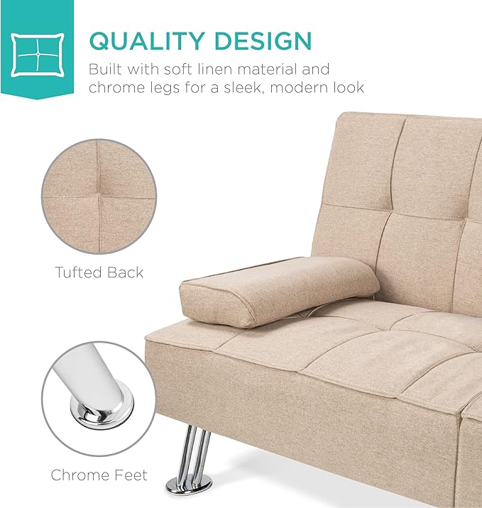 Best Choice Products Linen Modern Folding Futon, Reclining Sofa Bed for Apartment, Dorm w/Removable Armrests, 2 Cupholders - Beige