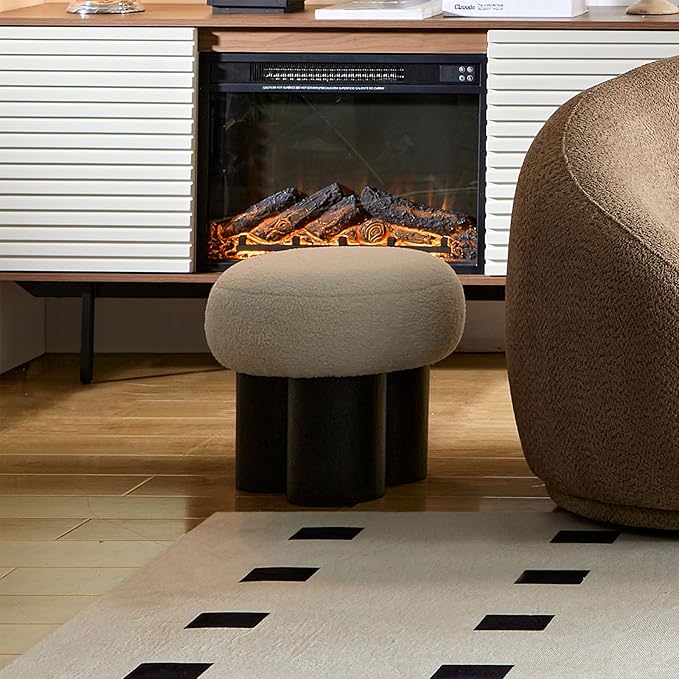 Round Foot Stool, Small Mushroom Ottoman Pouf Footstools Modern Boucle Ottoman Footrest Under Desk, Teddy Foot Rest for Couch Sofa Comfy Floor Step Stool for Living Room,Bedroom,Office(White)