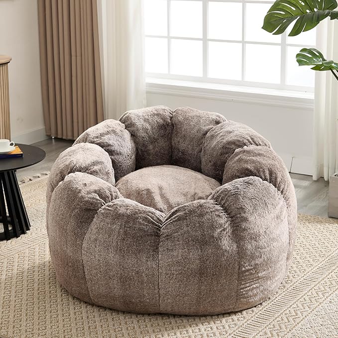 LukeAlon Faux Fur Bean Bag Chair with Filler & Petal Armrest - 44" Extra Large Fluffy Floor Sofa Chair for Adults - Soft Comfy Lounge Chair for Bedroom, Living Room, Game Room (Brown)