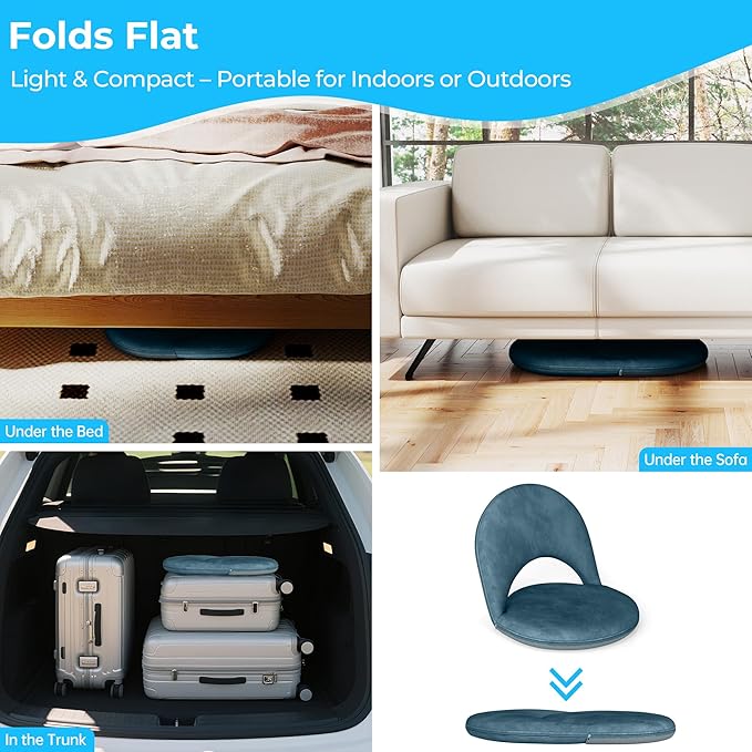 2 Pcs Floor Chair, Meditation Chair, 5-Position Folding Chair with Adjustable Back, Soft Sponge & Velvetean Cover, for Adults and Kids, Indoor Outdoor Use, Meditation, Gaming, Camping, Blue