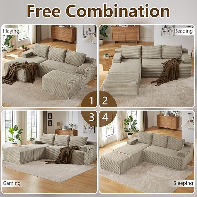 96" U-Shape Cloud Couch, Modern Modular Sectional L-Shape Sofa with Ottoman, Corduroy Upholstered Couches Deep Seat Sleeper Chaise Longue for Living Room, No Assembly Required(Camel, Left Facing)