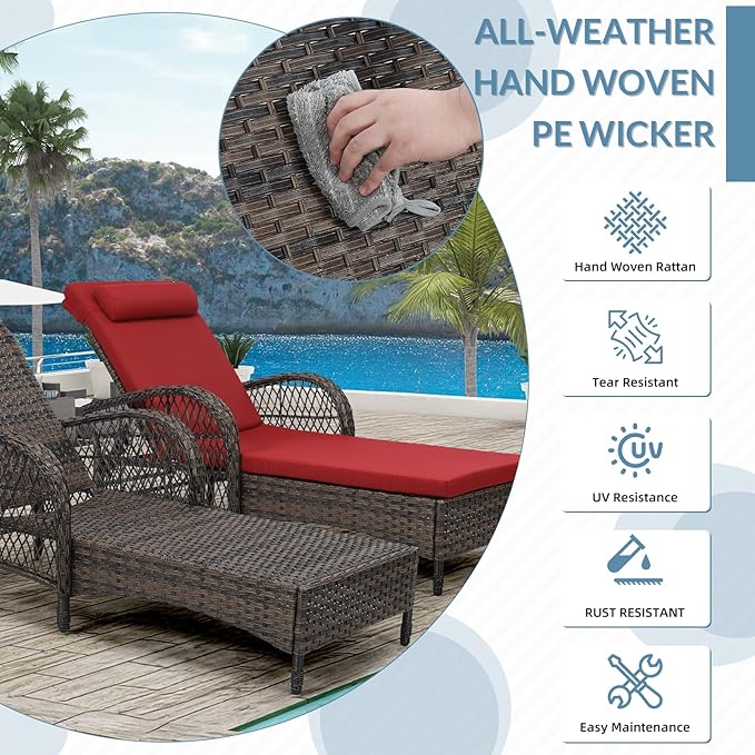 WINGTU 3 Piece Patio Chaise Lounge Set, Outdoor Patio Furniture Modern Lounge Chairs Set of 2 with Side Table & 6-Position Adjustable Backrest, Durable PE Wicker, Weather Resistant Cushions, Red