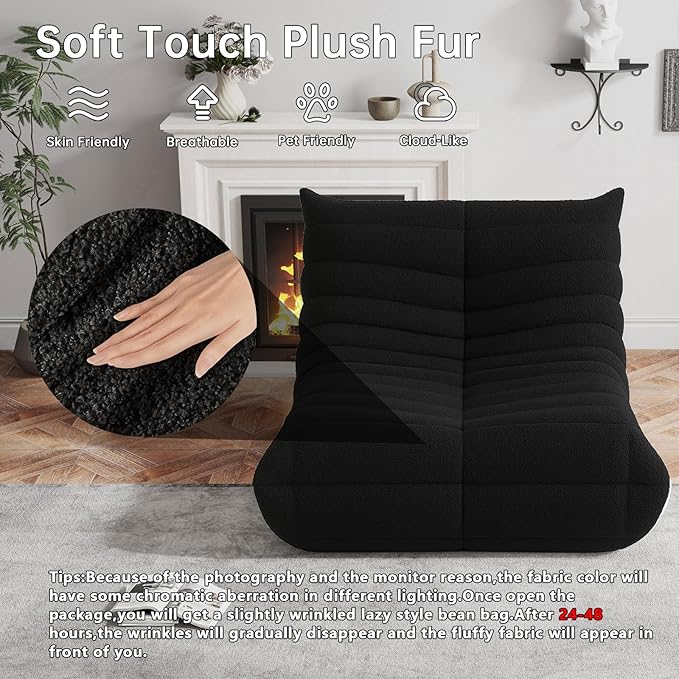 Bean Bag Chairs for Adults, BeanBag Reading Chair Memory Foam Couch, Floor Chair Soft Teddy Material, Comfy Reading Nook Chairs for Bedroom Living Room Office (Black)
