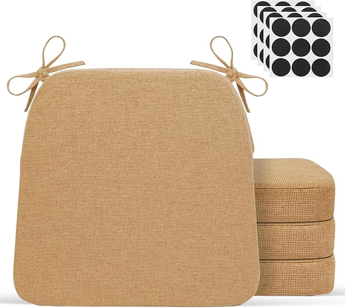 D-Shaped Indoor Chair Cushions 17" x 16" for Kitchen & Dining Chairs – 2'' Thick Seat Pads with Ties & Non-Slip Backing, High-Density Foam, Machine-Washable Covers, Set of 4 with Chair Leg Pads, Khaki