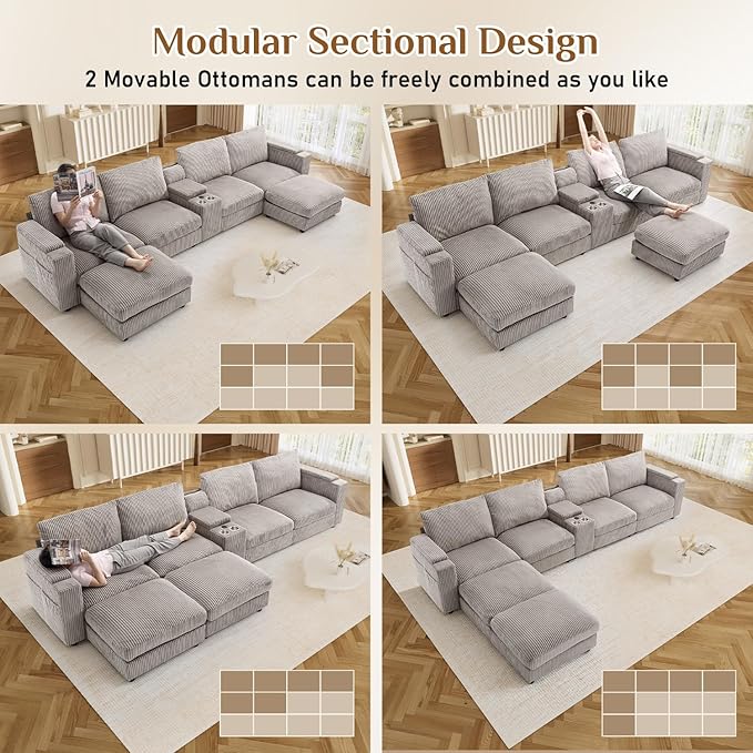 153" W x 60" D U Shape Sectional Sofa with USB Charging & Cup Holder & Storage, 6 Seater Plush Corduroy Couches with Movable Ottoman, Cloud Couch Sofas for Living Room, DIY Combination - Light Grey
