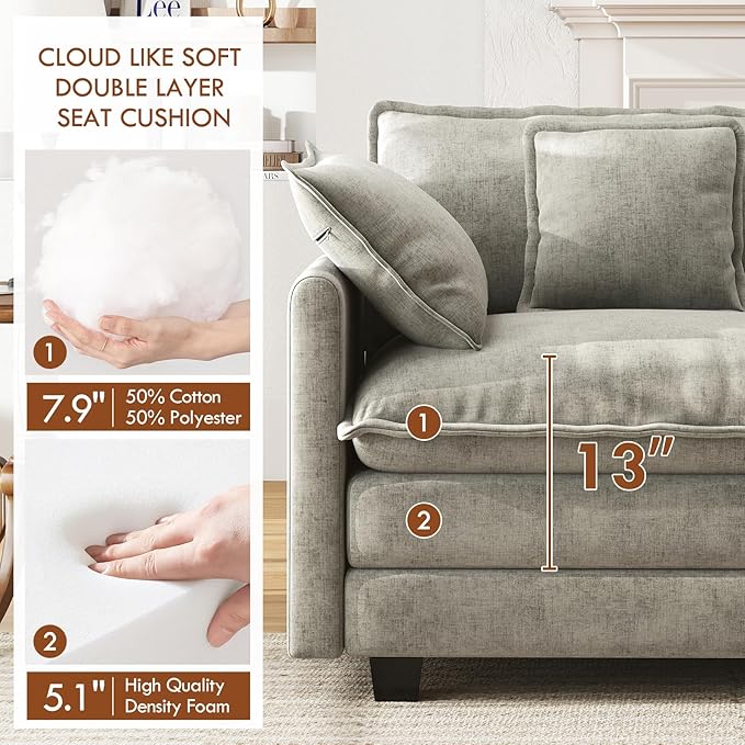 WorthFurni 111.4” Modular Sectional Sofa, U Shape Cloud Couch with 2 Movable Ottoman, Comfy Chenille Deep Seat Sofa with Soft Pillows for Apartment Living Room Bedroom（Grey）