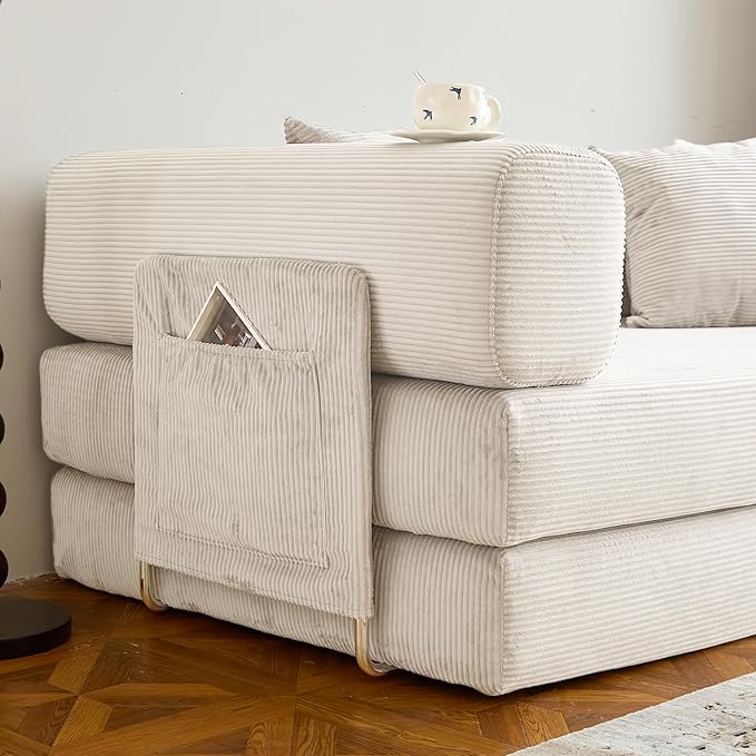 LIAROO 78.8" Convertible Sofa Bed -Compression Sofa with Corduroy Fabric - with Armrests and Backrest - Modular Sectional for Living Room, Bedroom, Studio - Compression Sofa in Box (Beige)