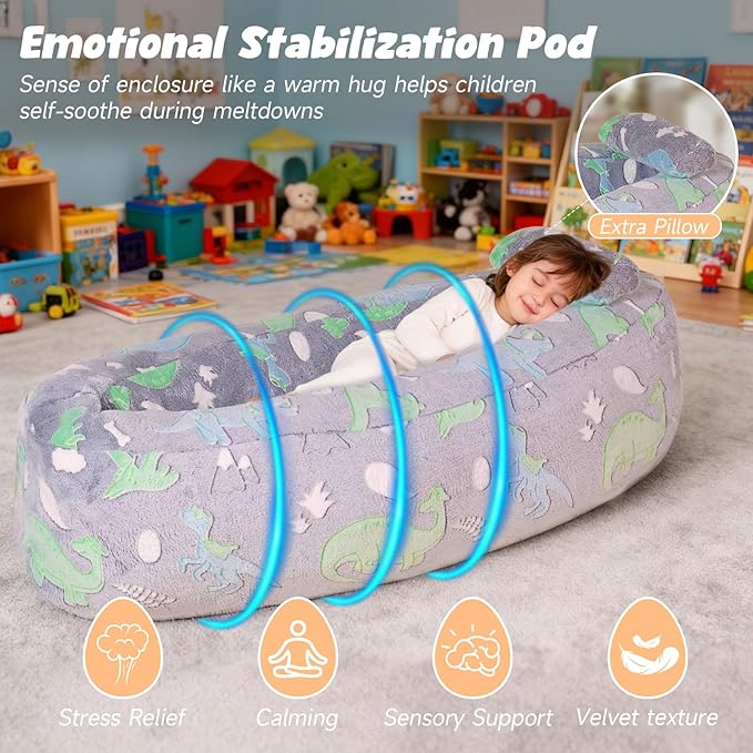 HAHASOLE Sensory Chair for Autistic Children - Foam Peapod Sensory Canoe with Non-Slip Base, Soft Cover Machine Washable, Calming Cocoon for Kids (Gray)