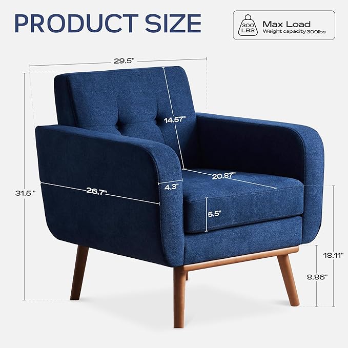 HUIMO Fabric Accent Chairs Set of 4, Button Tufted Living Room Chairs Easy to Install, Mid Century Modern Chair, Upholstered Arm Chair for Living Room Bedroom Study Office (4, Dark Blue)