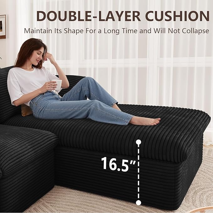 Cloud Sectional Couch,136 Inch Modular Sectional Sofa with Deep Seat, Modern Corduroy Boneless Couches with L-Shape Chaise for Living Room Bedroom, No Assembly Required (Black, Right Facing Chaise)