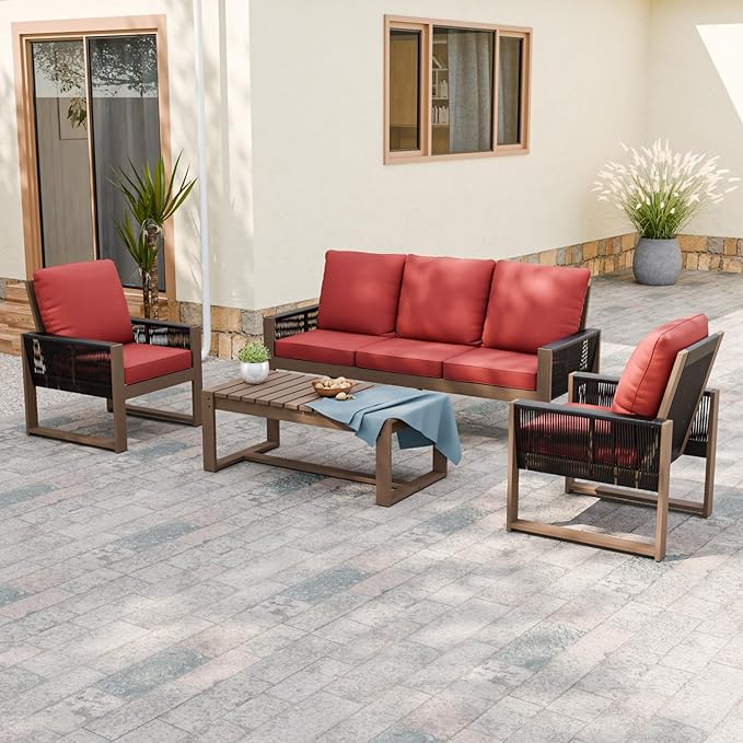 INTER HUT Rustic Hideaway Natural Cedar Wood Outdoor Furniture Set, Wicker Patio Conversation Set for Porch Garden Backyard, Couch, 2 Patio Chairs and Coffee Table, 4 Piece, Brownish/Red