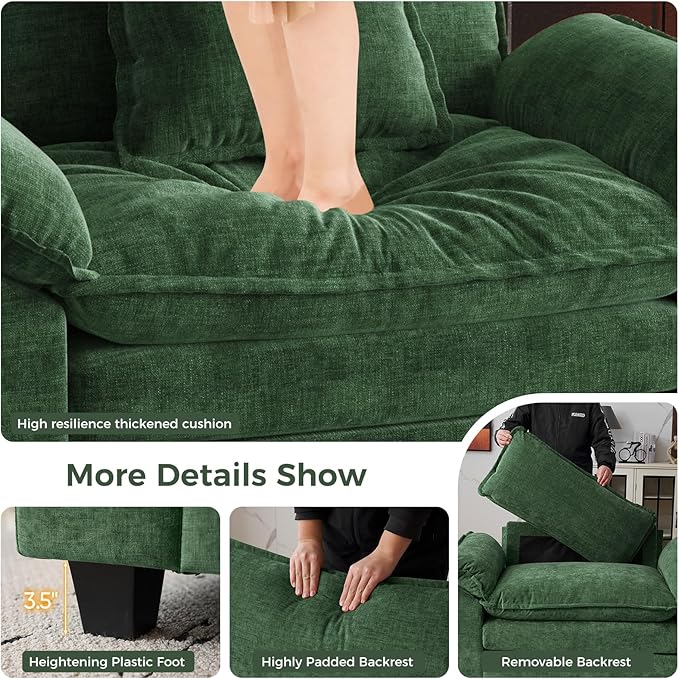 HUSFU Oversized Accent Chair with Ottoman, Chenille Cloud Couch Chair with Deep Seat and Extra Wide Armrests, Comfy Reading Armchair for Bedroom, Living Room, Set of 2, Green