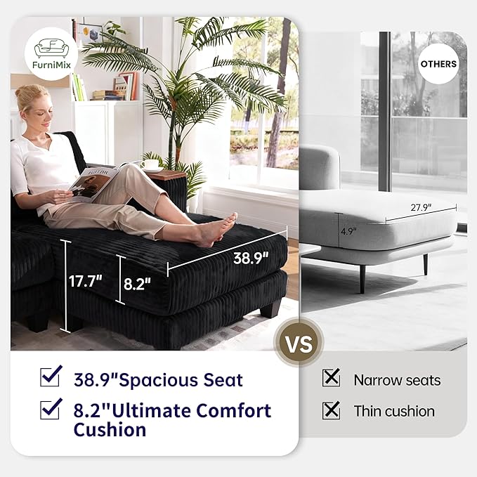 FurniMix 4-Seat Corduroy Sectional Sofa with Swappable Chaise, Soft Upholstery, Wide Seats & Armrest Storage,Black