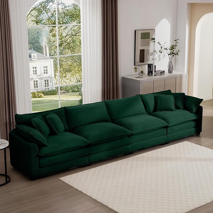 Aoowow Corduroy 4 Seater Sofa Couch,Modern Large Cloud Couches for Living Room,Tufted Modular Sectional Cloud Sofas with Deep Seat,Oversized 4 Seat Sofa Set (Green, 4 Seater)