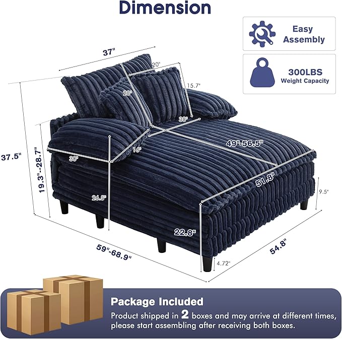 54.8" W Oversized Chaise Lounge Chair Indoor with 5-Position Adjustable Backrest, Plush Sleeper Sofa Bed with Pillows, Upholstered Cloud Couch Chair for Living Room, Study Room, Navy Blue