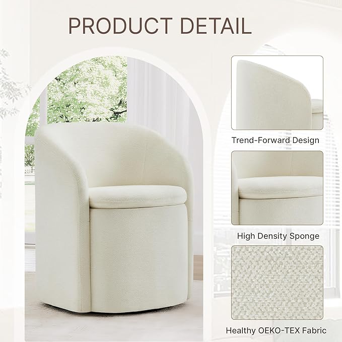 Upholstered Dining Chairs with Casters, Rolling Modern Dining Room Chairs with Hidden Storage & Barrel Backrest, Easy Assembly Accent Chair for Bedroom, Living Room, Dressing, Linen Fabric,2PCS