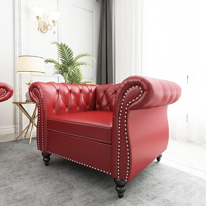 QHITTY Accent Chair, Chesterfield Modern Leather Upholstered Chair with Tufted Back for Living Room Furniture (Burgundy)