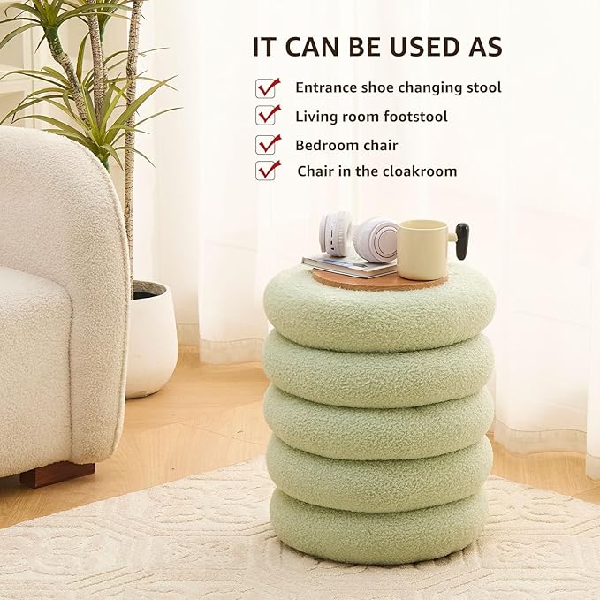 Wimarsbon Round Storage Ottoman, Modern Sherpa Footstool, Teddy Vanity Stool with Flip-Top Tray, Makeup Chair for Home Decor, Upholstered Footrest for Living Room & Bedroom (Green S)