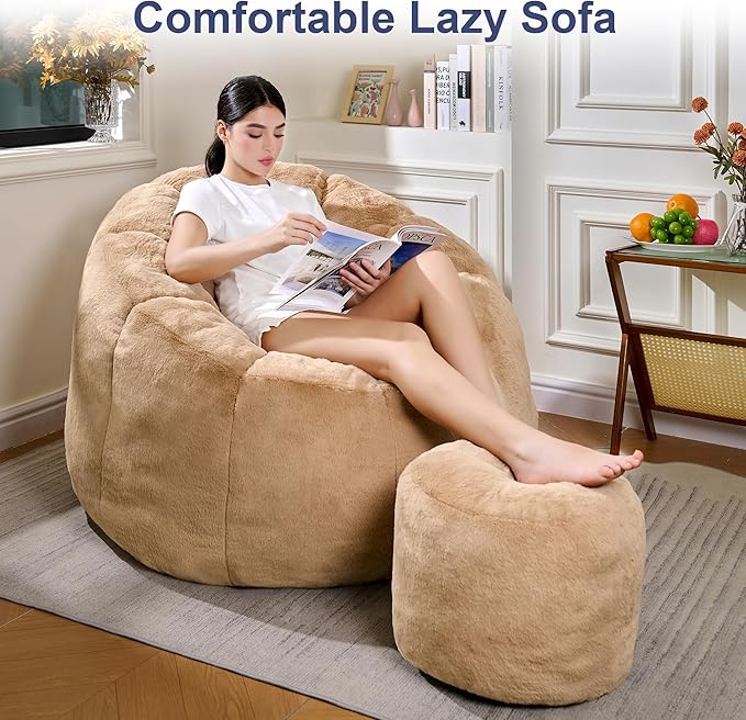 Pumpkin Shaped Bean Bag Chair with Ottoman, Gaint Bean Bag Chair for Adults, Faux Rabbit Fur Comfy BeanBag Floor Sofa Chair for Reading, Playing, Relaxing, Khaki