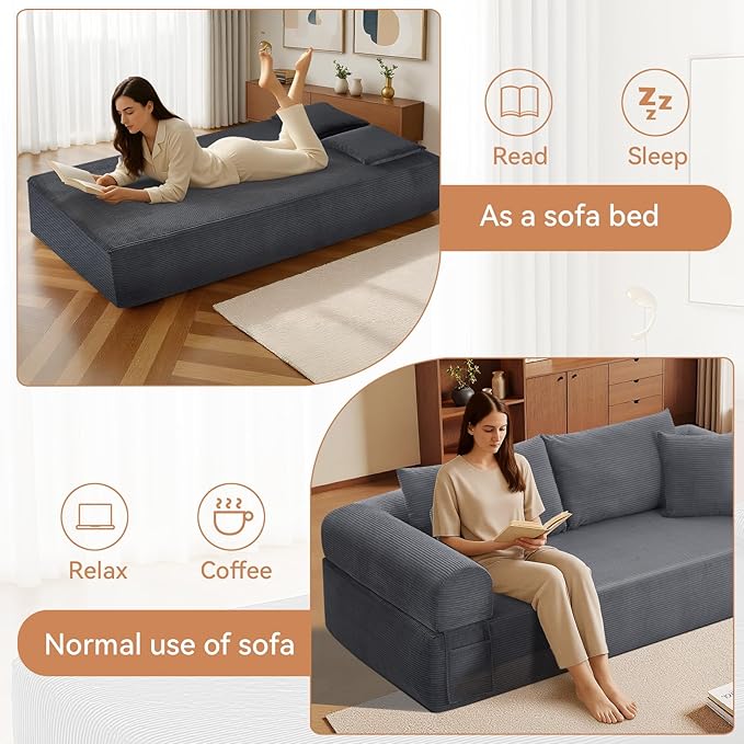 83" Sofa in a Box, 3 Seater Couch No Assembly Boneless Sofa Bed with Cushion Back 2 Pillows Deep Seat Corduroy Fabric Side Storage Pockets for Living Room, Bedroom, Apartment, Office, Deep Grey