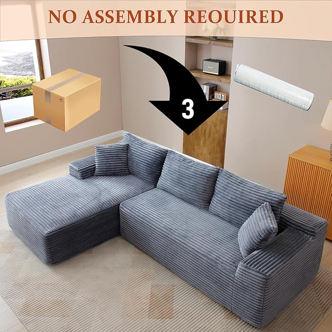 HYJT-H&K Modular Sectional Sofa Cloud Sectional Couch, 95" Comfy Fluffy L Shaped Grey Couches for Living Room, Deep Seat Memory Foam Plush Corduroy Boneless Couch Sectionals Left Facing Chaise Sofa