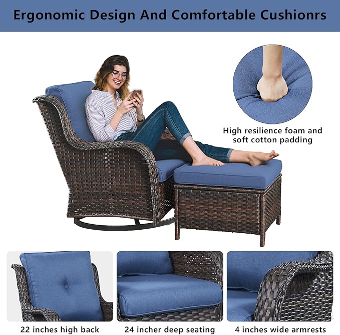 Belord Wicker Patio Furniture Sets - 8 Piece Outdoor Rattan Furniture Conversation Sets with 4 Swivel Rocker Chairs, Rattan Sofa, Wicker Ottomans and Coffee Table, Brown/Blue