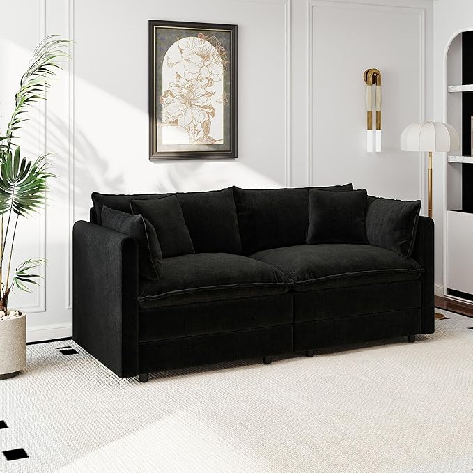 Aoowow Modular Sectional Sofa Modern Convertible Loveseat Couch,77.16 Inch Deep 2-Seater Sofas Comfy Chenille Cloud Sofas and Couches with Pillows for Living Room Apartment（Black）